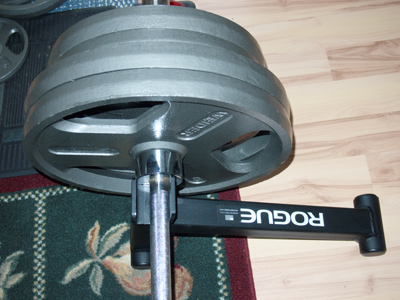 Photograph of Rogue Fitness mini deadlift bar jack in hoisted position.